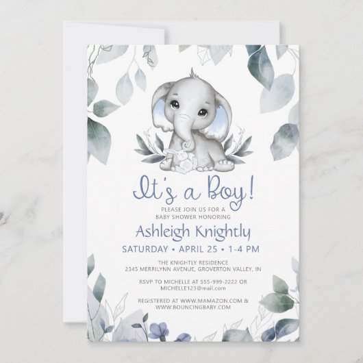 Jongen Elephant Waterverf Greenery Baby shower Kaart (Voorkant)