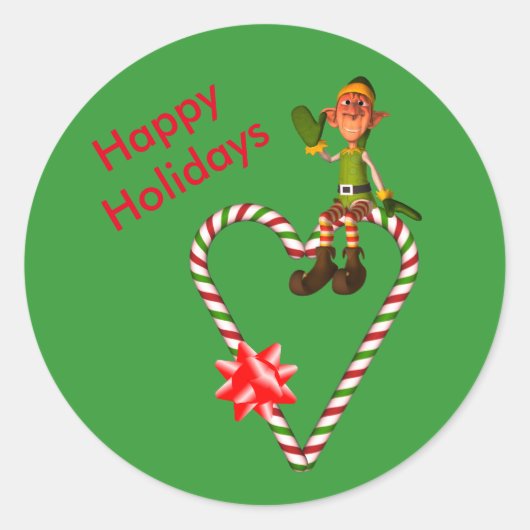 Jongen Elf Candy Cane Heart Kerstfeestdag Ronde Sticker (Voorkant)