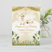 Jongen en Baby Wit en Goud 2e Verjaardag & Doop Kaart (Staand voorkant)