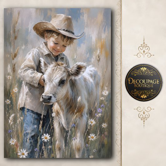 Jongen en babykalf decoupage tissuepapier