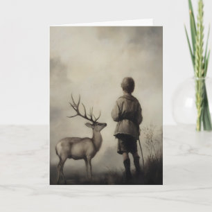 Jongen en hert Vintage-kunstprint Drieerig landsch Kaart