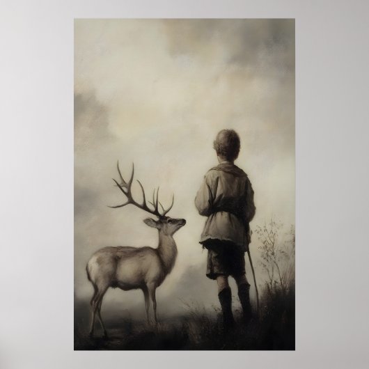 Jongen en hert Vintage-kunstprint Drieerig landsch Poster (Voorkant)