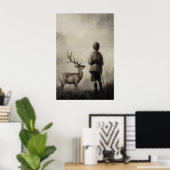 Jongen en hert Vintage-kunstprint Drieerig landsch Poster (Thuiskantoor)