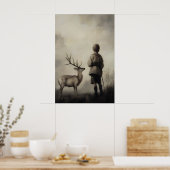 Jongen en hert Vintage-kunstprint Drieerig landsch Poster (Keuken)