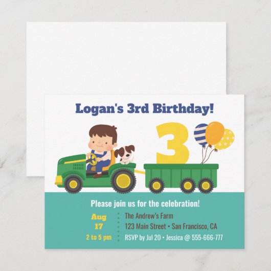 Jongen en hond op tractor met ballonnen kaart (Voorkant / Achterkant)