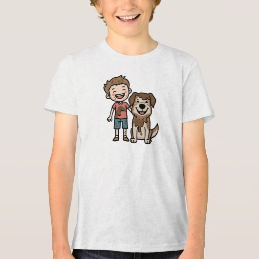 Jongen en hond spelen in de modder Tri-Blend shirt (Voorkant)