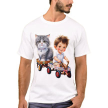Jongen en kat bovenop het T-shirt van de auto
