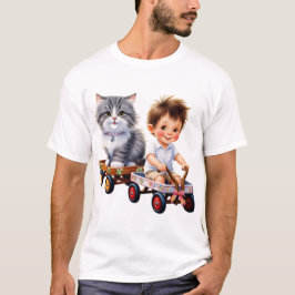Jongen en kat bovenop het T-shirt van de auto