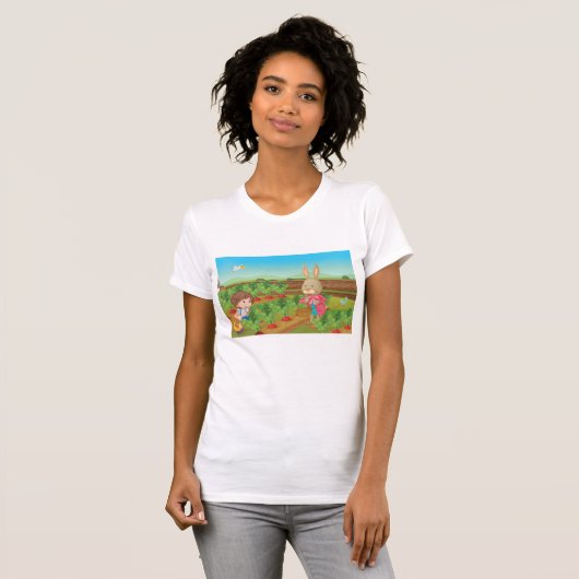 Jongen en konijn plukken groenten vrouwen T-shirt (Voorkant volledig)