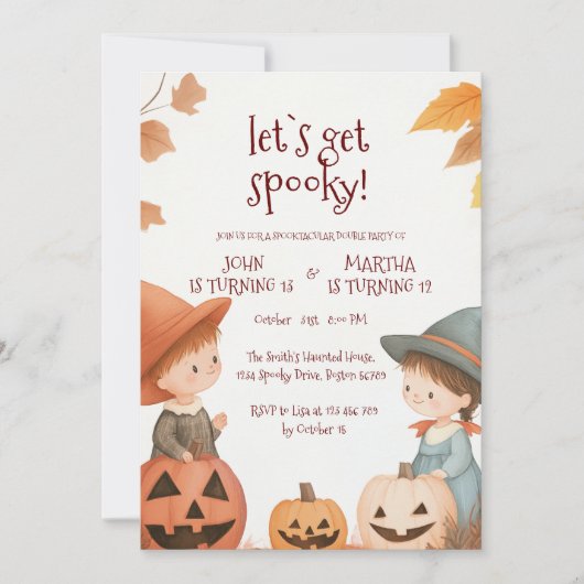 Jongen en Meisje Halloween Verjaardagsfeest Kaart (Voorkant)