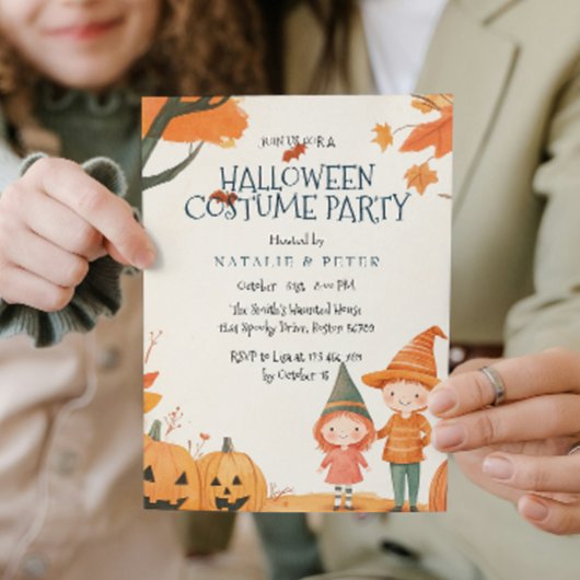 Jongen en Meisje Oranje Halloween Kostuumfeest Kaart