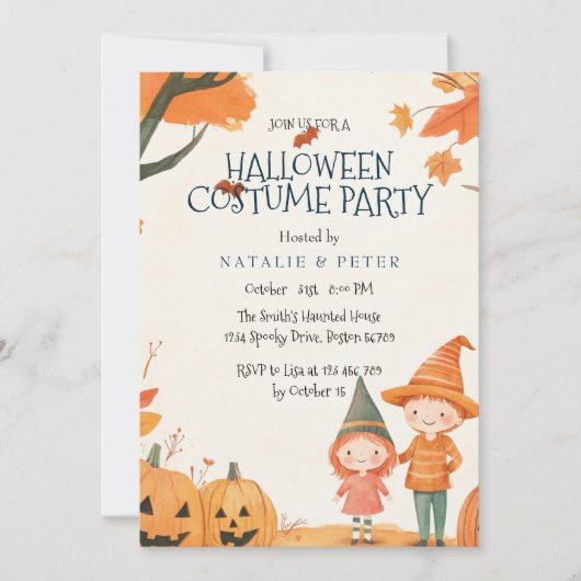 Jongen en Meisje Oranje Halloween Kostuumfeest Kaart (Voorkant)