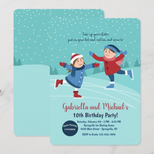 Jongen en meisje schaatsers uitnodiging (Voorkant / Achterkant)