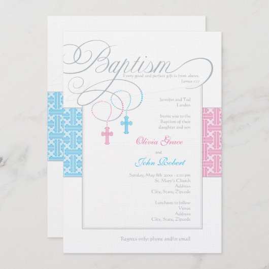 Jongen en meisje tweeling doop uitnodiging (Voorkant / Achterkant)