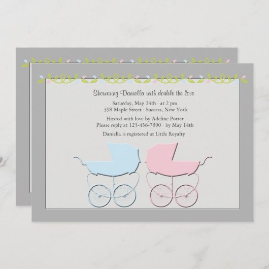 Jongen en meisje tweeling grijs Baby shower uitnod Kaart (Voorkant / Achterkant)