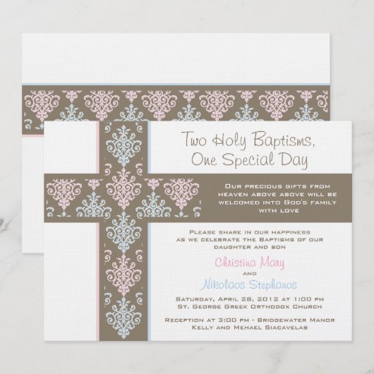 Jongen en meisje Twin Christening Uitnodiging (Voorkant / Achterkant)