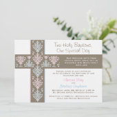 Jongen en meisje Twin Christening Uitnodiging (Staand voorkant)