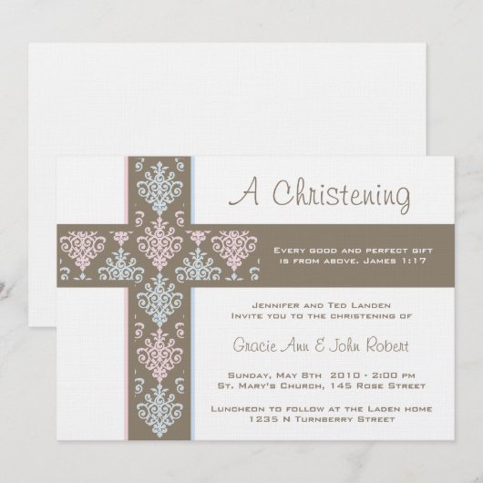 Jongen en meisje Twin Christening Uitnodiging (Voorkant / Achterkant)