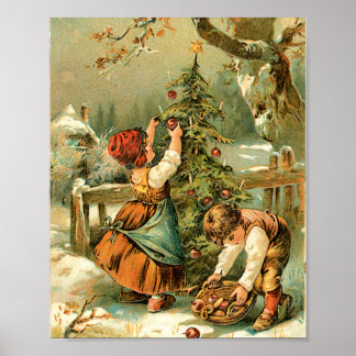 Jongen en meisjes die kerstbomen decorteren, poster