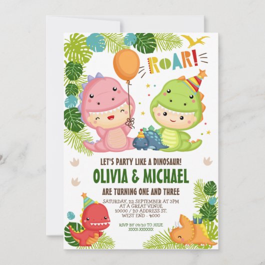Jongen en meisjes Dinosaur Joint Birthday Kaart (Voorkant)