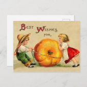Jongen en meisjes met Big Thanksgiving Pumpkin Briefkaart (Voorkant / Achterkant)