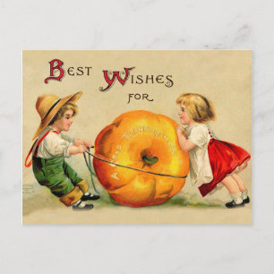 Jongen en meisjes met Big Thanksgiving Pumpkin Briefkaart