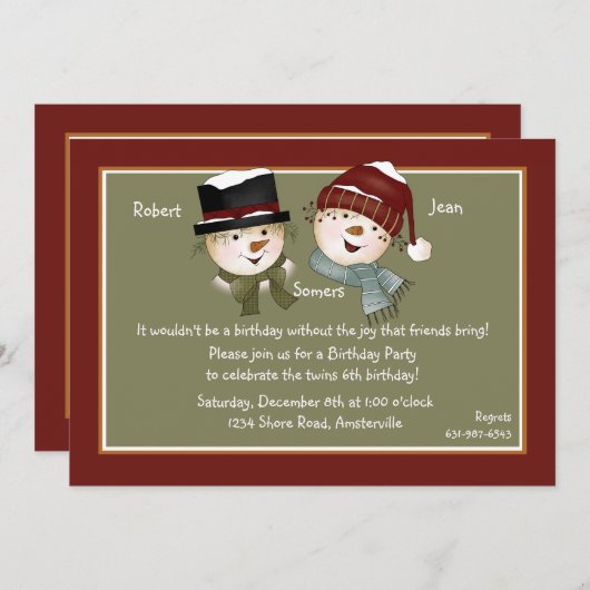 Jongen en meisjes Snowman - Uitnodiging van verjaa (Voorkant / Achterkant)