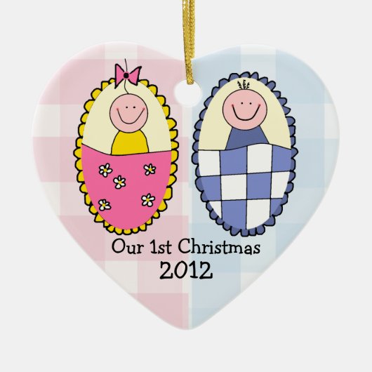Jongen en meisjes tweelingen eerste kerstblauwe ro keramisch ornament (Voorkant)