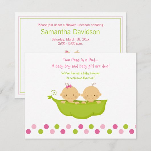 Jongen en meisjes tweelingen erwten in een poduitn kaart (Voorkant / Achterkant)