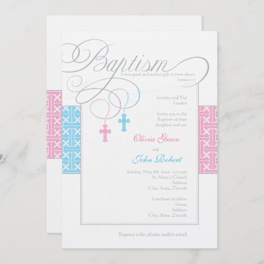 Jongen en meisjes Twinins Baptism Invitation Kaart (Voorkant / Achterkant)