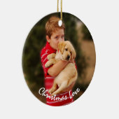 Jongen en nieuwe puppy voor Kerstmis Keramisch Ornament (Rechts)