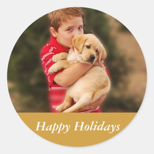 Jongen en nieuwe puppy voor Kerstmis Ronde Sticker (Voorkant)