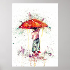Jongen en paraplu regen aquarel decor poster