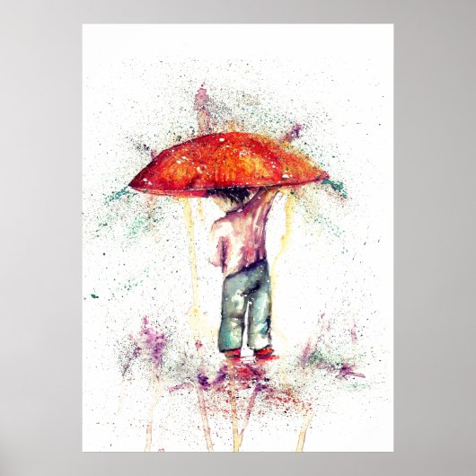 Jongen en paraplu regen aquarel decor poster (Voorkant)