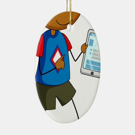 Jongen en tablet keramisch ornament (Rechts)