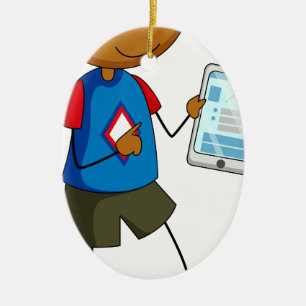 Jongen en tablet keramisch ornament