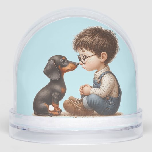 Jongen en teckel puppy sneeuwbol (Voorkant)