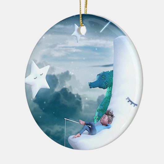 Jongen en zeepaardje Vist op de maan Keramisch Ornament (Links)
