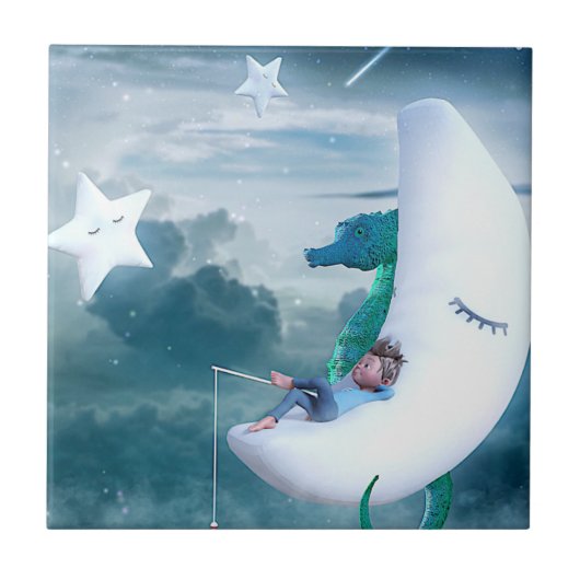 Jongen en zeepaardje Vist op de maan Tegeltje (Voorkant)