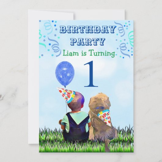 Jongen en zijn hond eerste verjaardag kaart (Voorkant)