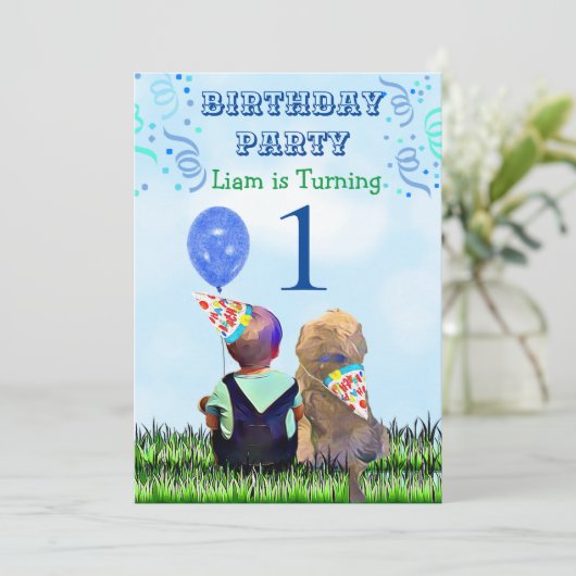 Jongen en zijn hond eerste verjaardag kaart (Staand voorkant)