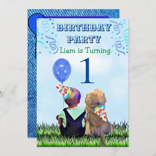 Jongen en zijn hond eerste verjaardag kaart (Voorkant / Achterkant)
