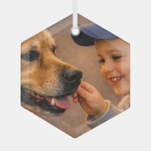 Jongen en zijn hond glazen zeshoekige kerstbal glas ornament