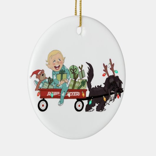 Jongen en zijn hond kerstversiering - keramisch ornament (Rechts)