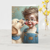 Jongen en Zijn Hond Verjaardag Kaart (Gele Bloem)