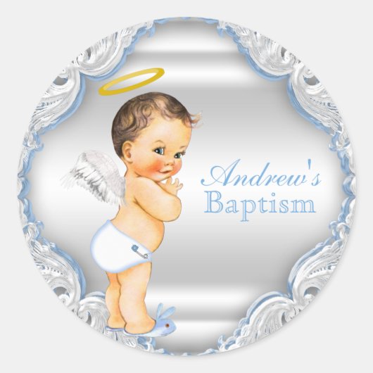 Jongen Engel Doop Christening Ronde Sticker (Voorkant)