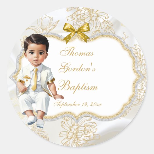 Jongen Etnisch Doopsel Communie Wit & Goud Ronde Sticker (Voorkant)