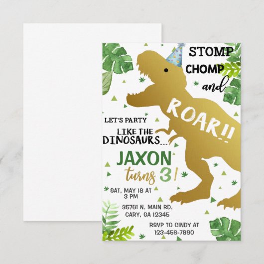 Jongen feest als een dinosaurus-verjaardagsuitnodi kaart (Voorkant / Achterkant)