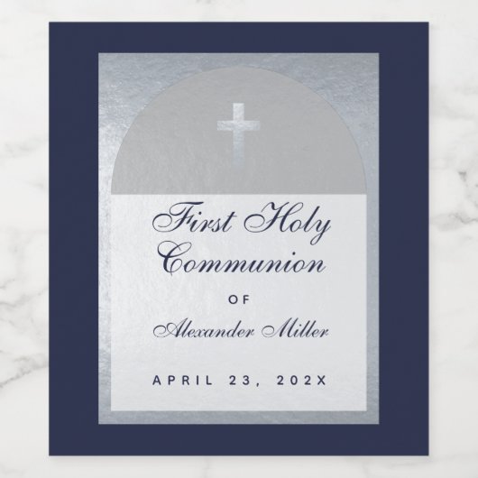 Jongen First Commune Faux Silver Arch Navy Blue Wijn Etiket (Enkel label)