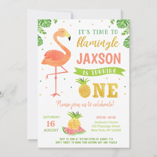 Jongen Flamingo Luau Eerste eerste uitnodiging op (Voorkant)